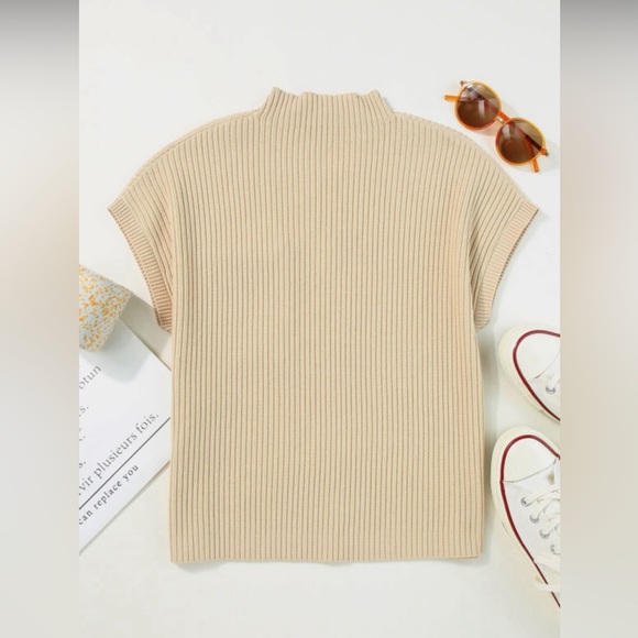 Oatmeal Tan Ribbed Short Sleeve Ribbed Lightweight Sweater Top, High Collar - Picture 4 of 10